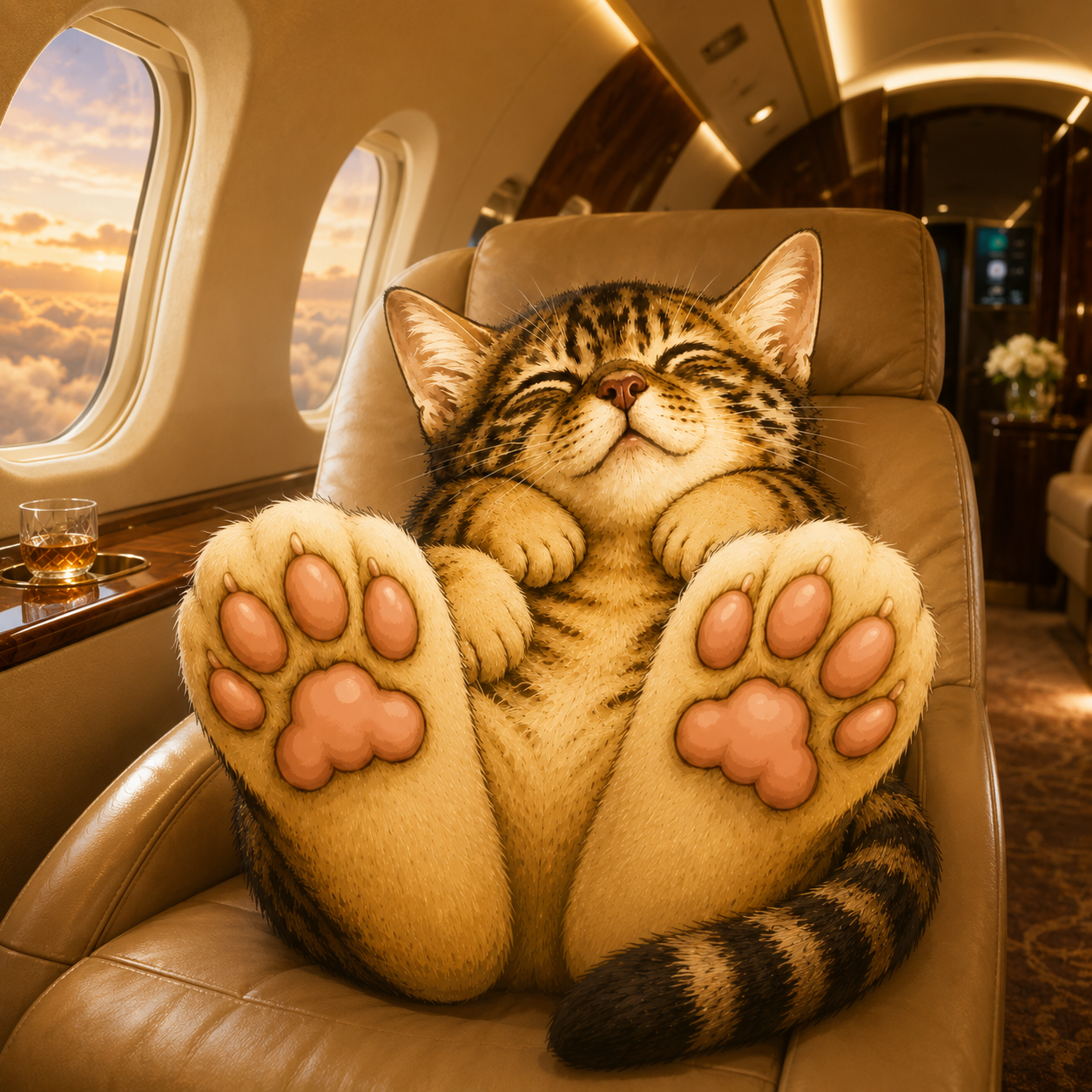 FeetCate reclining in a private jet seat next to a glass of whiskey