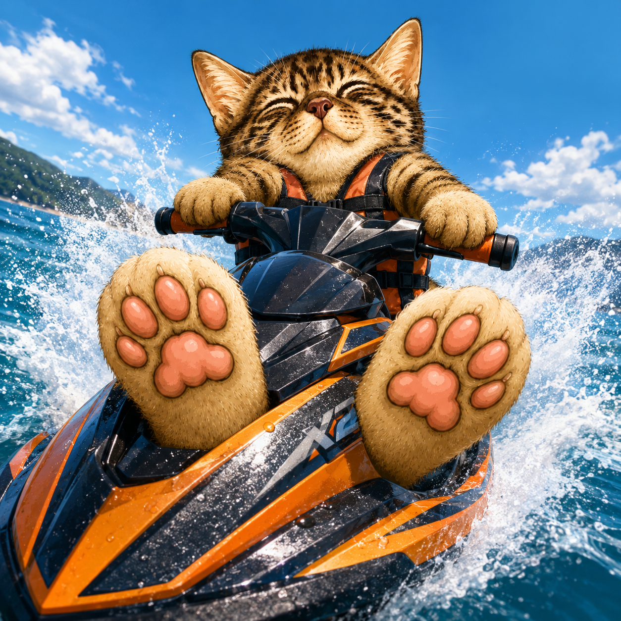FeetCate riding a jet ski across the waves with paw pads forward