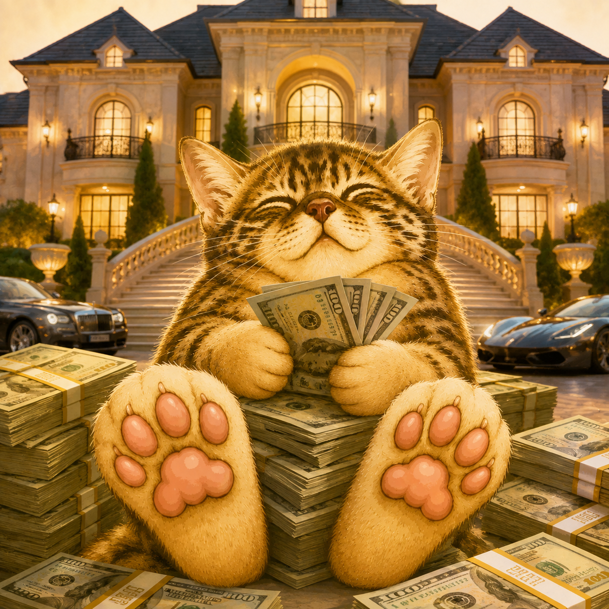 FeetCate holding a fan of hundred dollar bills in front of a mansion with luxury cars
