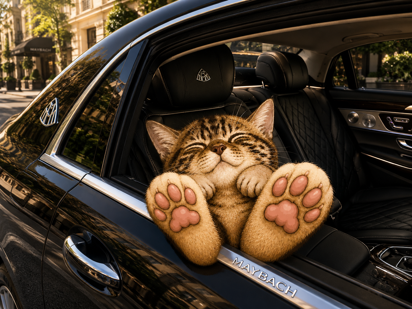 FeetCate napping in the back seat of a Maybach with paws out the window
